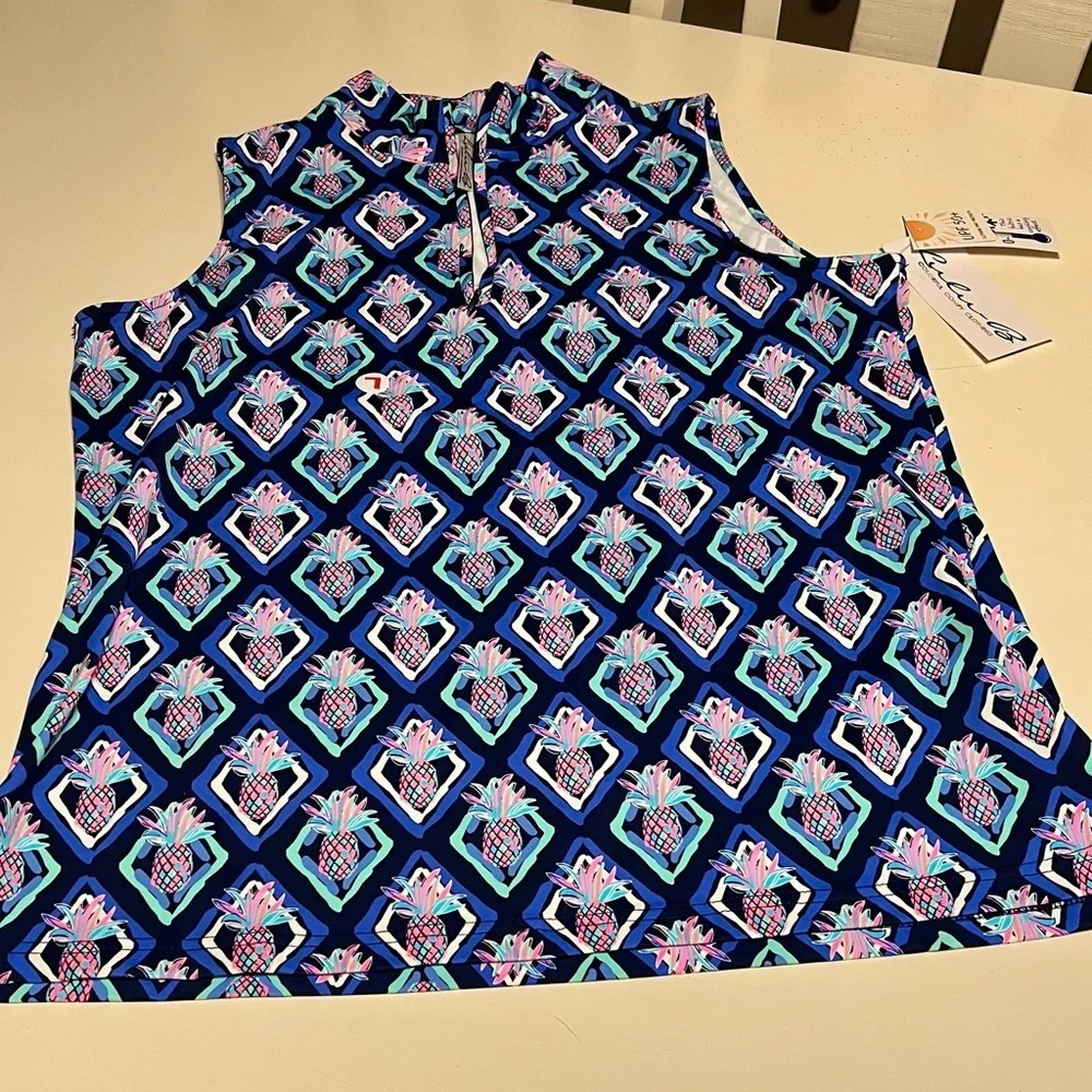 Lulu-B Pineapple Print Sleeveless Quarter-Zip Top UPF 50 Cooling Fabric L NWT lg - Picture 1 of 11